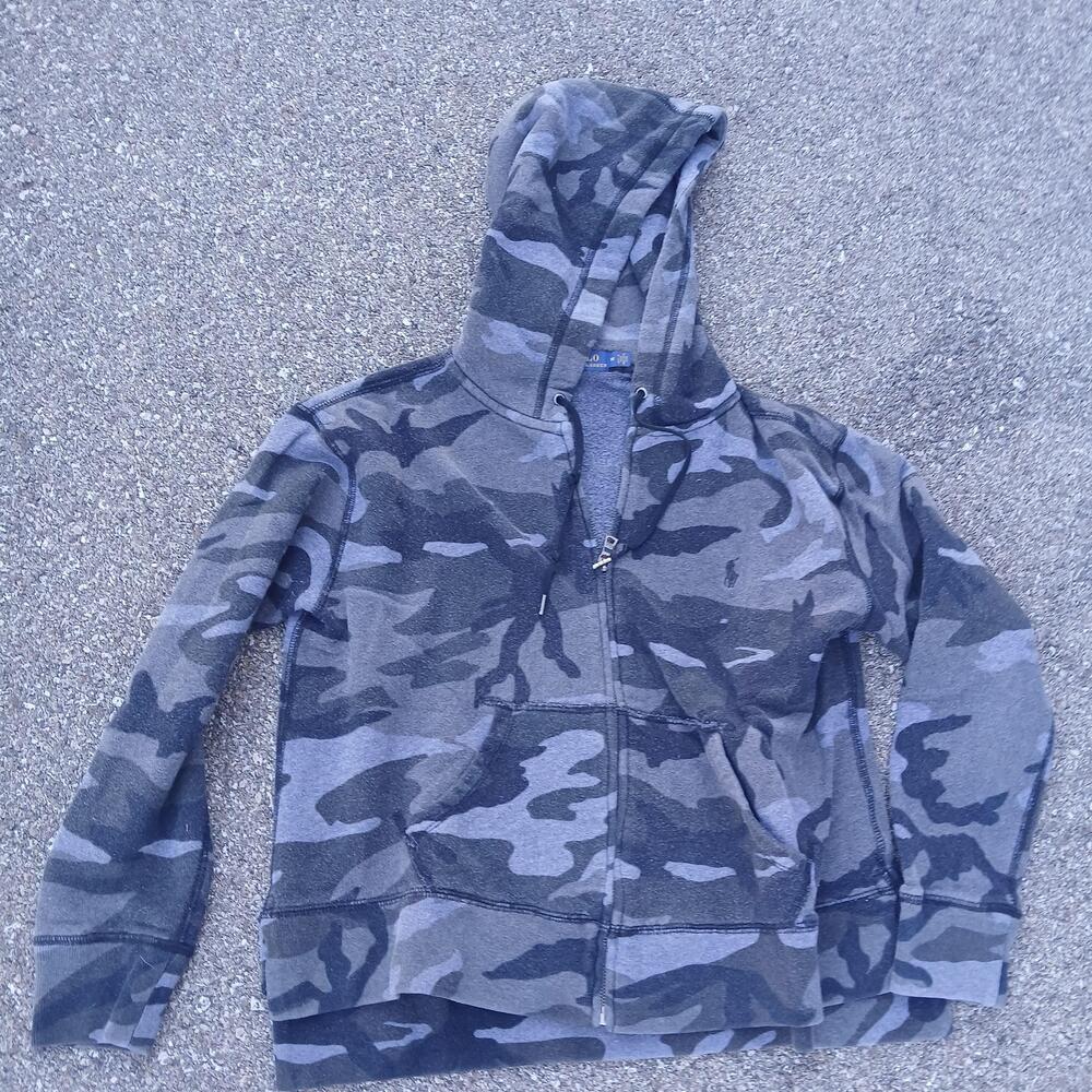 Polo Ralph Lauren Hoodie Mens Medium Gray Camo Full Zip Fleece Sweatshirt Logo